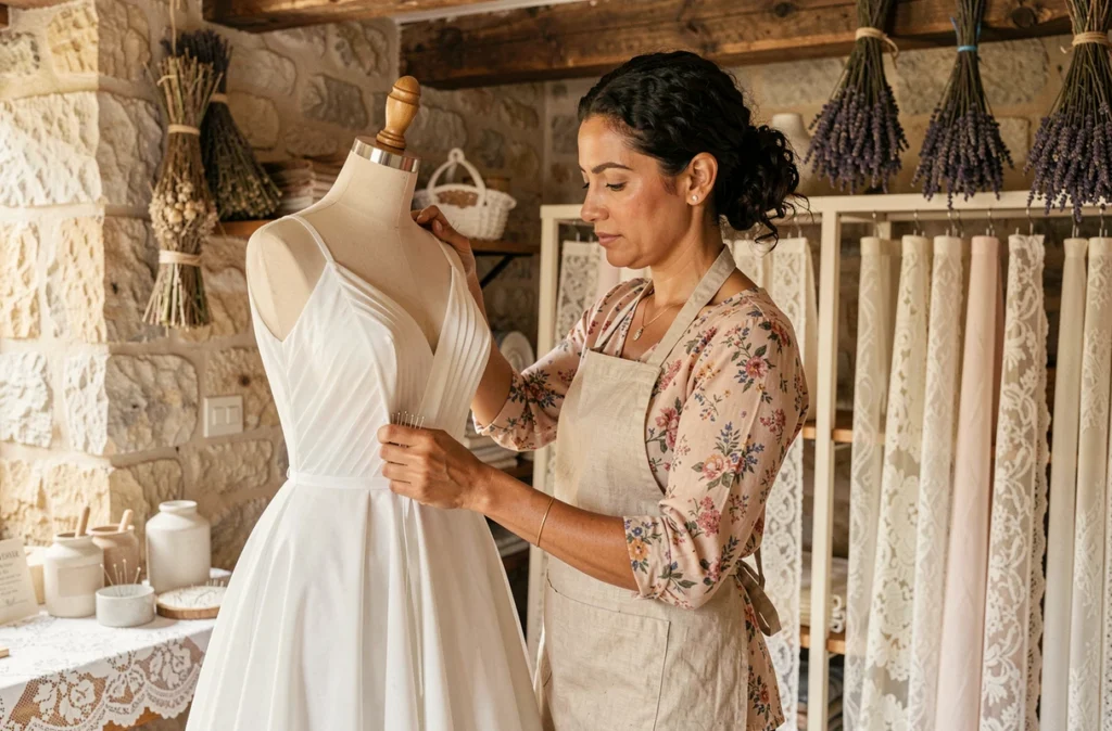 Couturière ajustant une robe de mariée sur un mannequin dans un atelier provençal à Grans