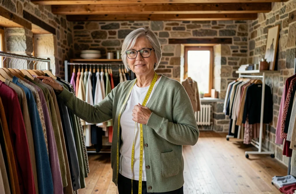 Couturière expérimentée dans un atelier à Jouques entourée de vêtements pour toutes morphologies
