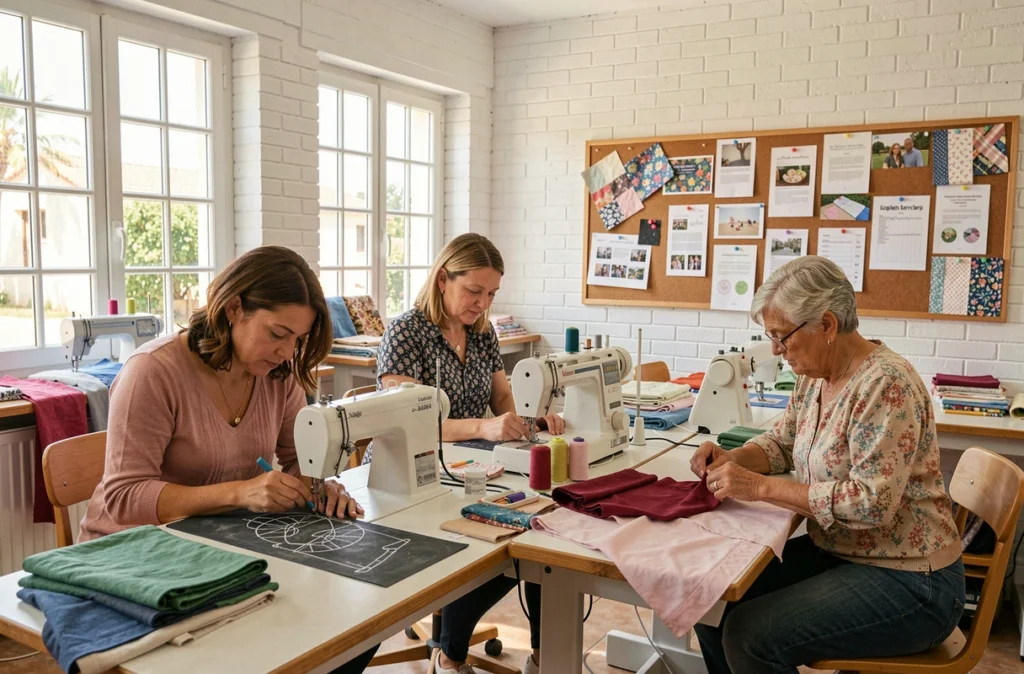 Trois couturières travaillant ensemble dans un atelier collaboratif à Miramas dans les Bouches-du-Rhône
