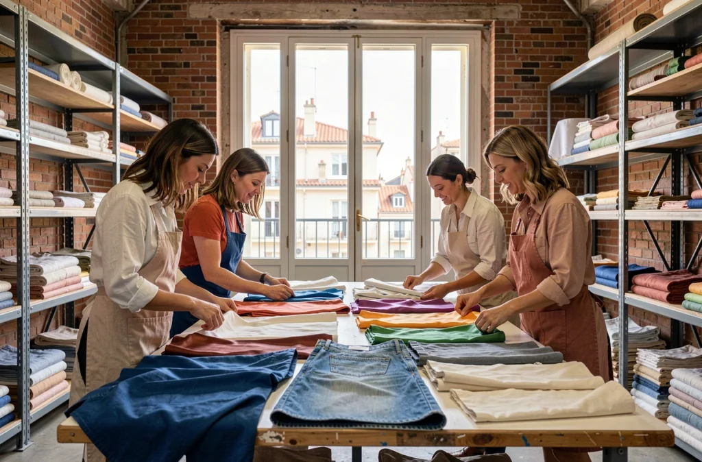 Groupe de couturières marseillaises choisissant des tissus dans un atelier industriel avec vue sur les toits de Marseille