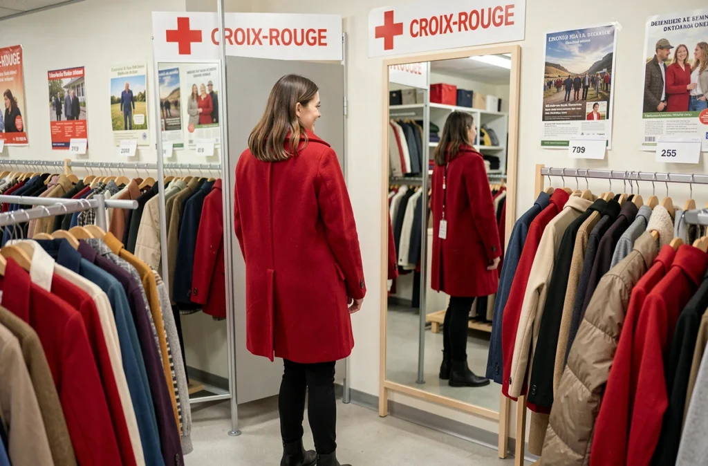 Jeune femme essayant un manteau rouge dans une boutique Croix-Rouge seconde main en Haute-Savoie