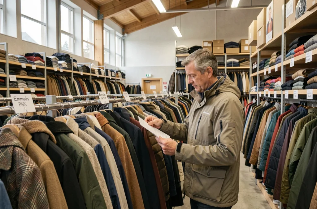 Homme cherchant un manteau dans le grand espace de l'Emmaüs Haute-Savoie, friperie associative de référence