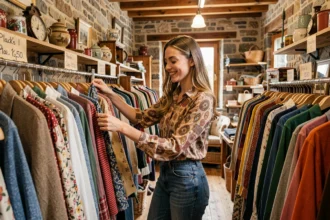 Jeune femme qui fait du shopping dans une friperie en Haute-Savoie, entourée de vêtements vintage colorés sur des portants