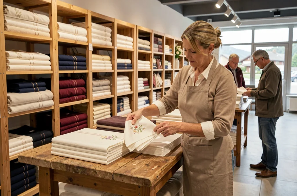 Intérieur du magasin d'usine Garnier-Thiebaut à Gérardmer avec linge de maison haut de gamme exposé