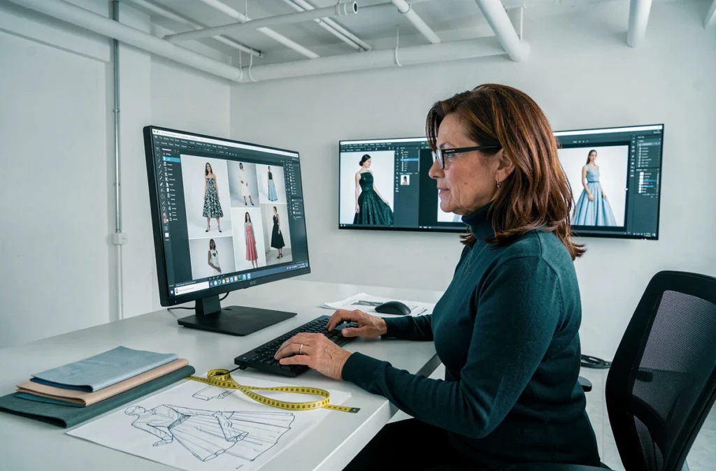 Couturière et retoucheuse travaillant sur des images de mode dans un studio moderne à Aix-en-Provence