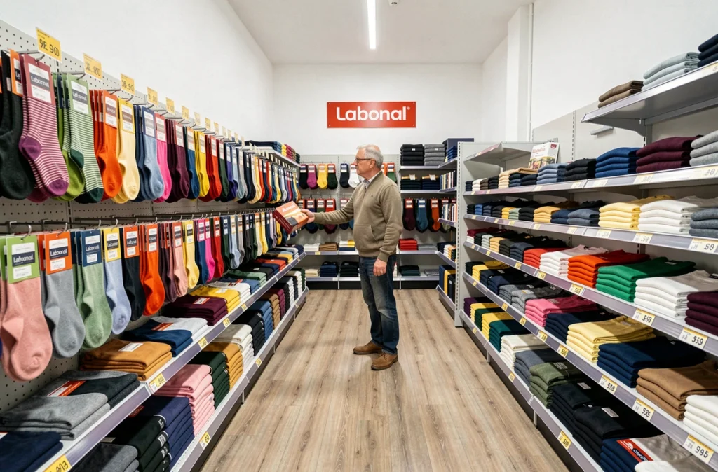 Intérieur du magasin d'usine Labonal à Dambach-la-Ville avec chaussettes et sous-vêtements en vente