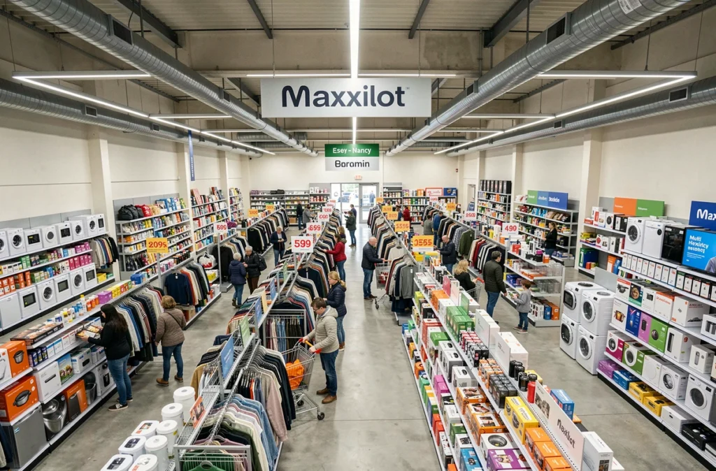 Intérieur du magasin Maxxilot à Essey-lès-Nancy avec rayons multi-marques et clients faisant leurs courses