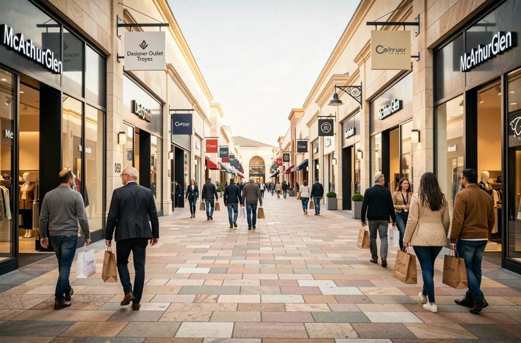 Promenade piétonne du centre de marques McArthurGlen Troyes dans l'Aube avec boutiques de luxe