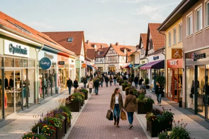 Vue panoramique d'un village outlet dans le Grand Est avec des boutiques de marques et des promeneurs