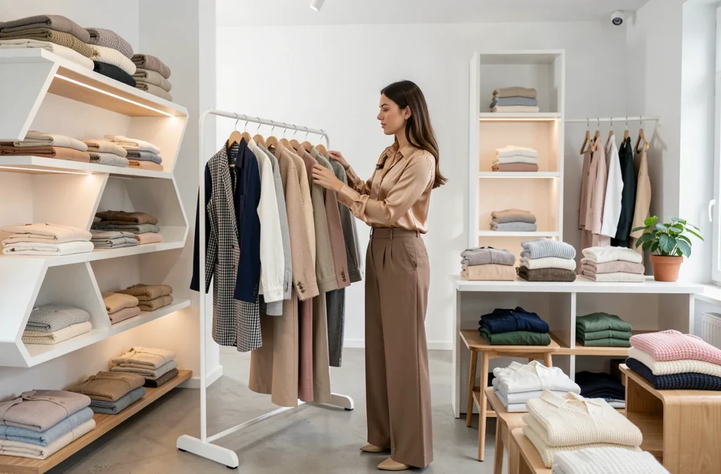 Boutique moderne et soignée de la friperie Les Pépites d'Adeline à Annecy avec une vendeuse arrangeant les vêtements