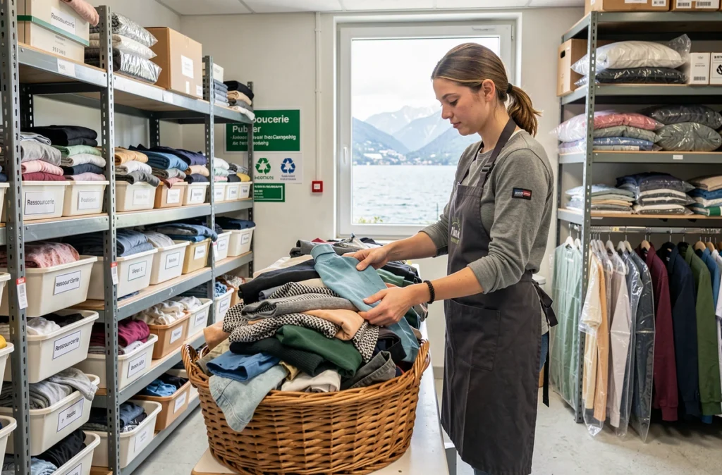 Bénévole triant des textiles dans la Recyclerie du Léman à Publier, avec le lac en arrière-plan