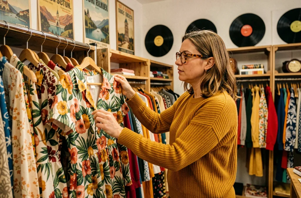 Femme examinant une robe rétro fleurie dans la friperie vintage Retropical à Annecy
