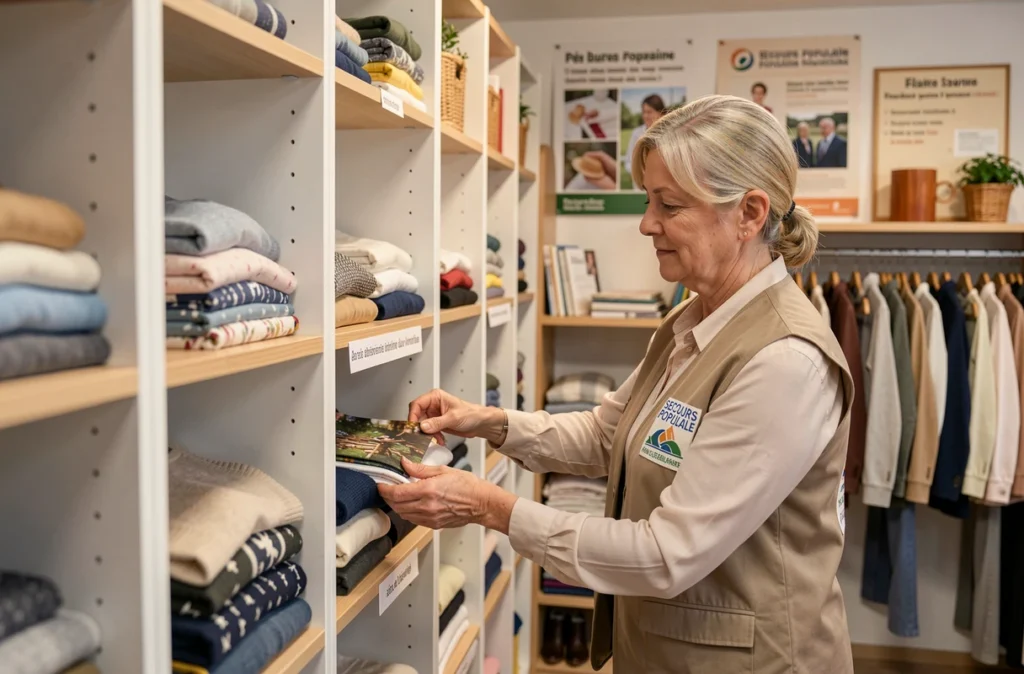 Bénévole du Secours Populaire organisant des vêtements dans une boutique solidaire en Haute-Savoie