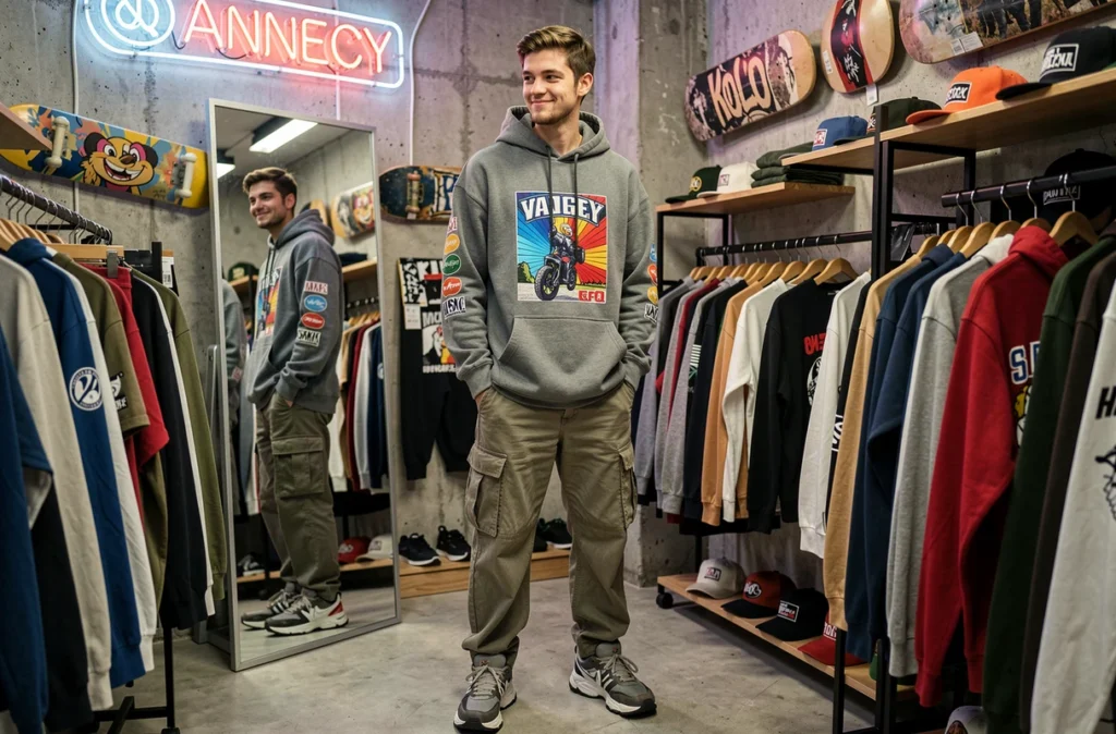 Jeune homme essayant un hoodie streetwear dans la friperie United Vintage à Annecy