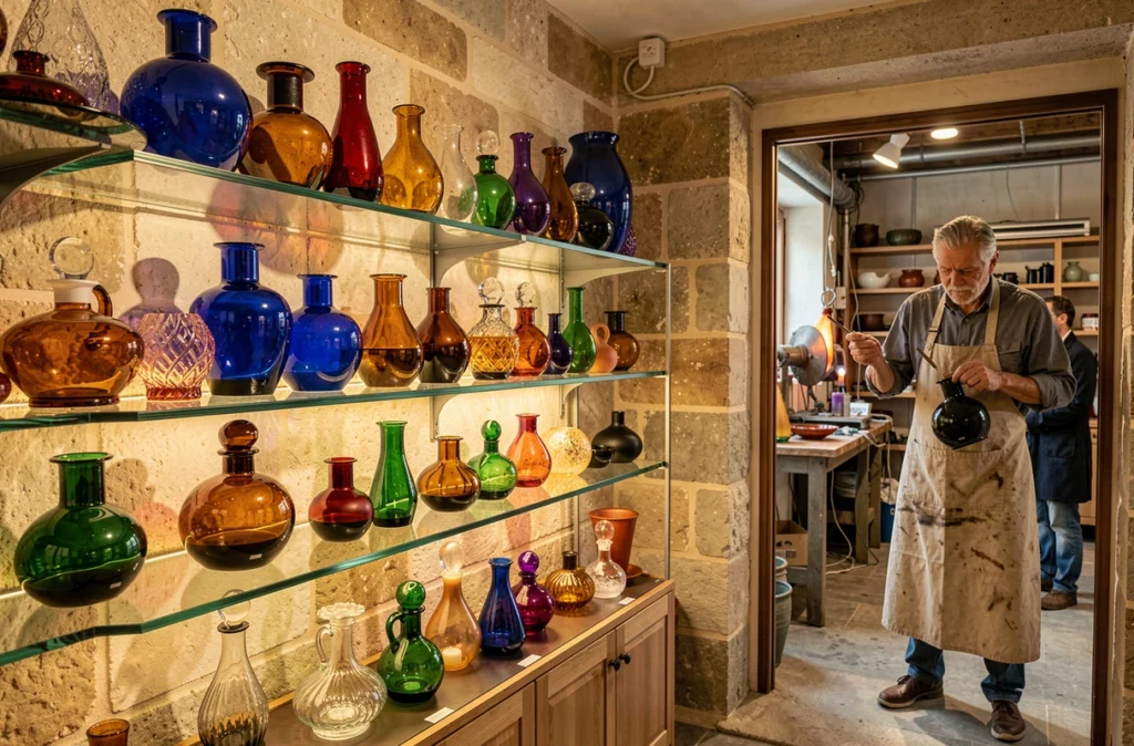 Boutique de la Verrerie d'Art de Kaysersberg avec objets en verre soufflé coloré artisanal